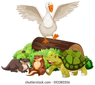 Animals on the wooden log illustration