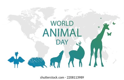 Animals on the world map for world animal day, vector art illustration.