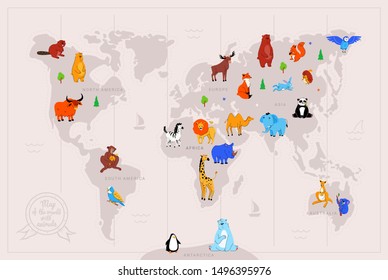 Animals on world map flat vector illustration