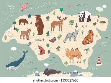 Animals on world map illustrations  hand drawn vector set