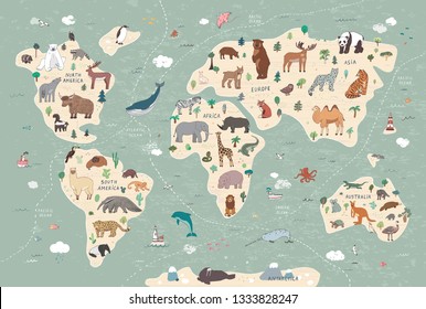 Animals on world map illustrations  hand drawn vector set