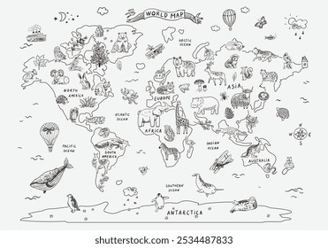 Animals on the world map. Vector illustration in line cartoon style.