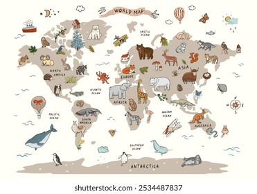 Animals on the world map. Vector illustration in cartoon style.