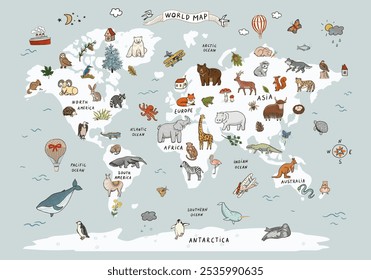 Animais no mapa do mundo. Ilustração vetorial em estilo cartoon.