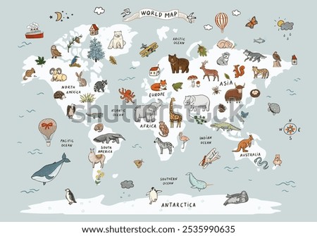 Animals on the world map. Vector illustration in cartoon style.