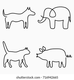 Animals one line drawing. Continuous line print - cat, dog, pig, elephant. Hand-drawn illustration for logo, emblem and design card, poster. Vector set.