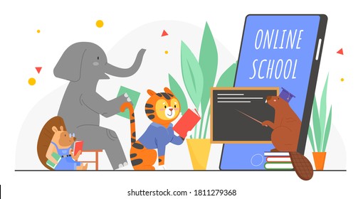 Animals in online school education vector illustration. Cartoon flat elephant hedgehog tiger beaver student characters study in virtual classroom, mobile distance schooling concept isolated on white