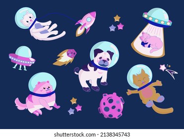 Animals in open space. Cute cat, pug, spitz astronauts and rocket. Characters exploring universe galaxy with planets, stars, spaceship. Cartoon vector illustration.