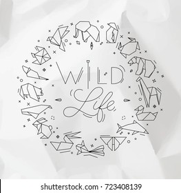 Animals origami monogram with snake, elephant, bird, seahorse, frog, fox, mouse, butterfly, pelican, wolf, bear, rabbit, crab, shark, horse, fish, parrot, monkey, pig, penguin, lettering wild life