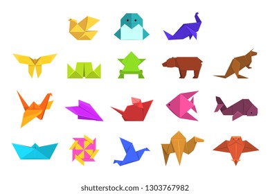 Animals origami set, geometric paper animals and birds vector Illustrations