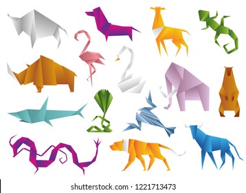 Animals origami set japanese folded modern wildlife hobby symbol creative decoration vector illustration.