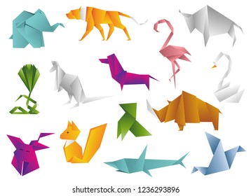 Animals origami set japanese folded modern wildlife hobby symbol creative decoration vector illustration.