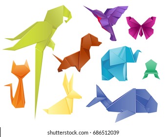 Animals origami set japanese folded modern wildlife hobby symbol creative decoration vector illustration.