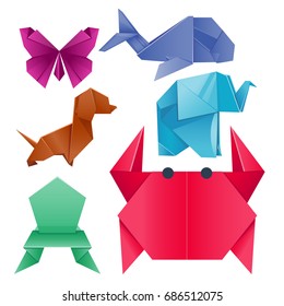 Animals origami set japanese folded modern wildlife hobby symbol creative decoration vector illustration.