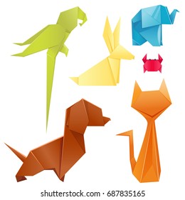 Animals origami set japanese folded modern wildlife hobby symbol creative decoration vector illustration.