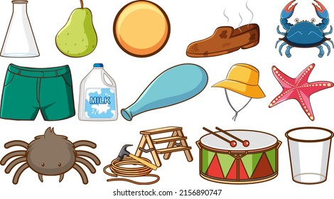 Animals and other objects on white background illustration