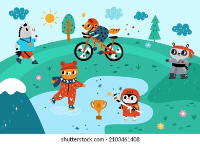 Animals outdoor sport. Athletes are engaged physical exercises in park. Ice skating bear and running horse. Owl playing hockey. Fox riding bike. Raccoon training karate