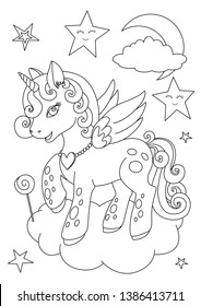 Animals outline. Child illustration of unicorn vector. Unicorn coloring page. Animals coloring book. Children background. Magic pony. Sketch animals. 