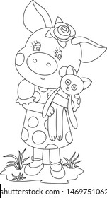 Animals outline. Cute pig coloring page. Doodle illustration. Piggy coloring book. Black and white illustration perfect for coloring book