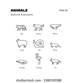 Animals outline elements icons set