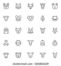 Animals outline icons set. linear style symbols collection, line signs pack. vector graphics. Set includes icons as panda head, cat, fox, zebra, bear, cow, mouse, koala, hen, bird, crocodile, penguin