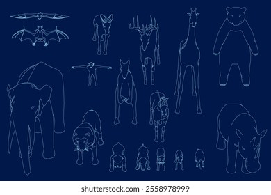 animals outline set. Big mammals collection. Livestock and poultry icons. Rural landscape. Group of animal of forest or wild. Sea animal and birds