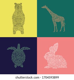 Animals painted by brush. bear, giraffe, turtle and rabbit. Backgrounds for notebooks and home interiors. Line art technique. Vector