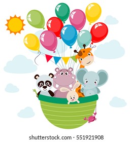 Animals (panda, elephant, giraffe, rabbit, hippo, crab) cartoon style traveling by a hot air balloon. Vector childhood illustration for children postcards and posters.