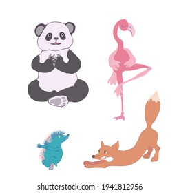 animals - panda, flamingo, hedgehog and fox in cartoon style doing yoga in various poses 