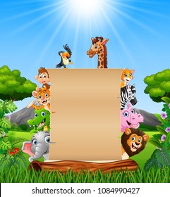 Animals with paper blank sign in forest