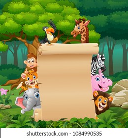 Animals with paper blank sign in forest