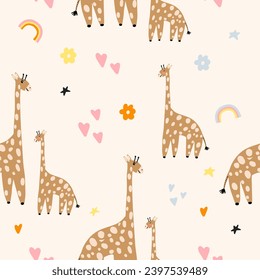 Tiere Eltern mit Baby. Giraffe-Tier. Farbige, kindische Schrift. Frische Tiere zum Muttertag. Farbige Kinder nahtloses Muster