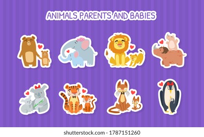 Animals Parents and Babies Stickers Set, Lion, Giraffe, Crocodile, Tiger, Rhinoceros, Elephanat, Penguin, Bear, Happy Animals Families Cartoon Vector Illustration