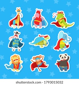 Animals Parents and Babies Stickers Set, Elephant, Monkey, Cloak, Fox, Dog, Panda, Lion, Squirrel, Turtle, Zebra Cartoon Vector Illustration.