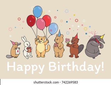 An animals party, a beaver holds a bouquet of flowers, a lollipop bear, an anteater launches a cracker, a cat holds five balloons, a platypus holds a letter, a rabbit brought a gift with a red ribbon.