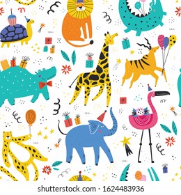 Animals at party flat vector seamless pattern