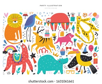 Animals and party symbols vector illustrations set