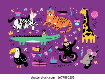 Animales y símbolos de fiesta ilustraciones vectoriales establecidas. Cocodrilo, mono, koala, tocan, cebra y jirafa. Estilo escandinavo. Celebración de vacaciones, decoración de fiestas, accesorios