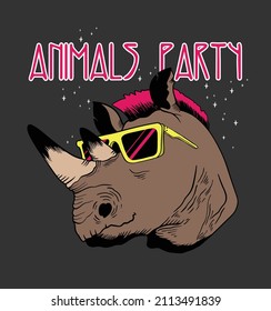 Animals party.Rhino illustration wearing party glasses .