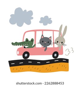 Animals passing by on a bus. Crocodile, kitten and rabbit have fun. Cute animals go on bus. Smiley faces.