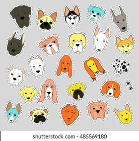 Animals patch collection of purebred dogs. Patches set dog of stickers. Doodle cute, cartoon fun dog. Vector illustration isolated