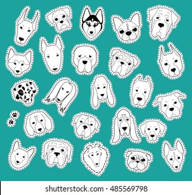 Animals patch collection of purebred dogs. Patches set dog of stickers. Doodle cute, cartoon fun dog. Vector illustration isolated