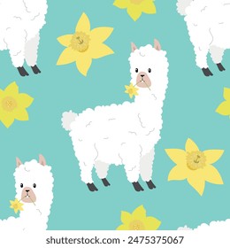 Patrón de animales infantiles con alpaca. Fondo lindo de animal de dibujos animados con narciso 