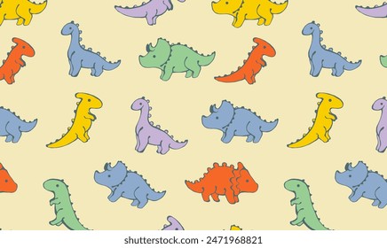 Children’s animals pattern with colourful dinosaurs on yellow background. Cute dinosaur wallpaper. Seamless pattern for nursery decor, kids design and print.