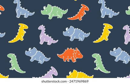 Children’s animals pattern with colourful dinosaurs on dark blue background. Cute dinosaur wallpaper. Seamless pattern for nursery decor, kids design and print.