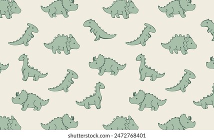 Children’s animals pattern with colourful dinosaurs on grey background. Cute dinosaur wallpaper. Seamless pattern for nursery decor, kids design and print.