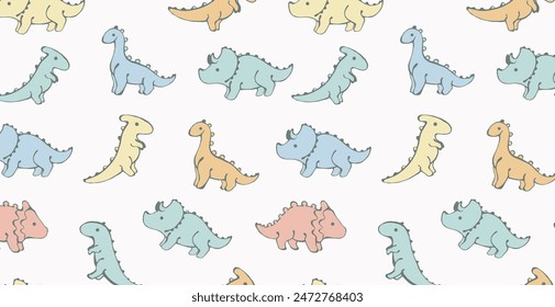 Children’s animals pattern with colourful dinosaurs on white background. Cute dinosaur wallpaper. Seamless pattern for nursery decor, kids design and print.