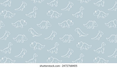 Children’s animals pattern with colourful dinosaurs on blue background. Cute dinosaur wallpaper. Seamless pattern for nursery decor, kids design and print.
