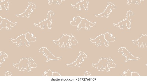 Children’s animals pattern with colourful dinosaurs on beige background. Cute dinosaur wallpaper. Seamless pattern for nursery decor, kids design and print.