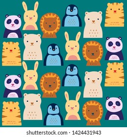 Animals pattern. Cute drawing Lion, tiger, panda, penguin, bird, bear.